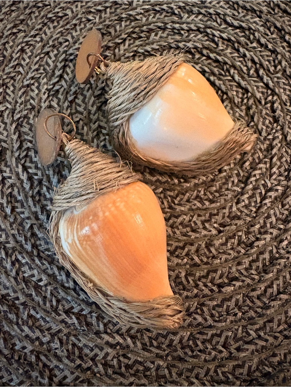 Vintage Shell Drop Earrings with Twine Wrap